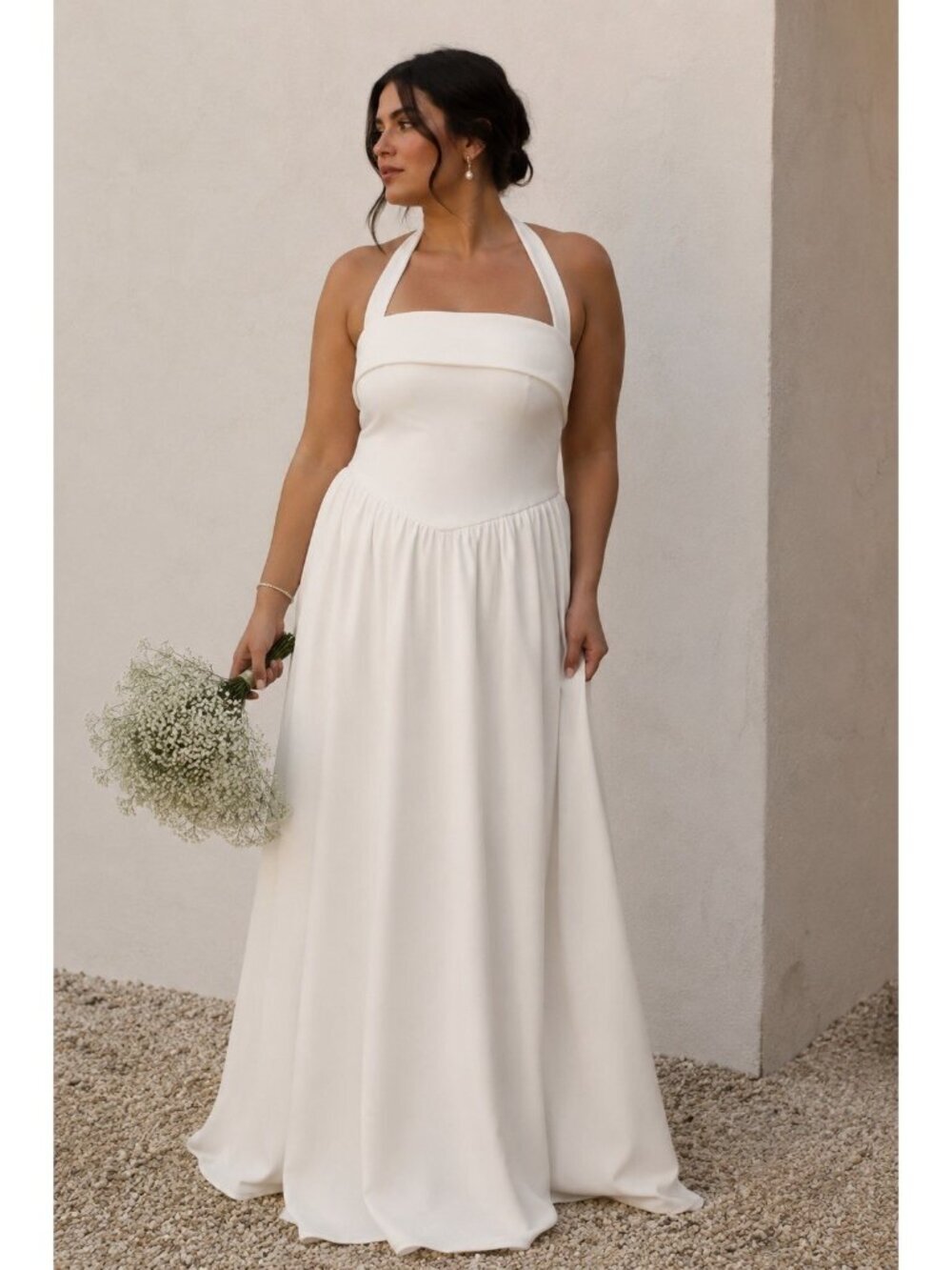 Lulus Telia Wedding Dress Sz Large White Halter Basque Waist Maxi Minimalist